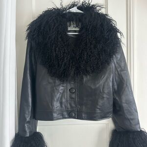 Women's Black Faux Leather Jacket with Curly Faux Fur Collar and Cuffs